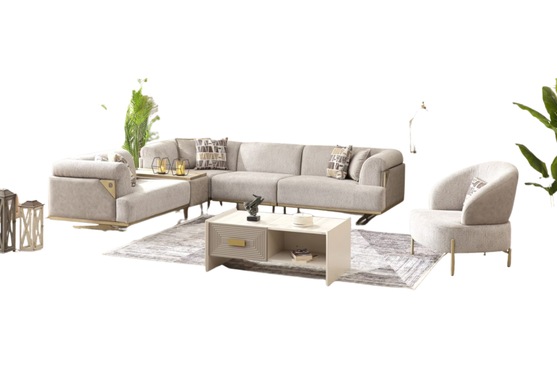 Urla Stationary Livingroom Set (1 Sofa & 1 Module Sofa & 2 Chair) Cream