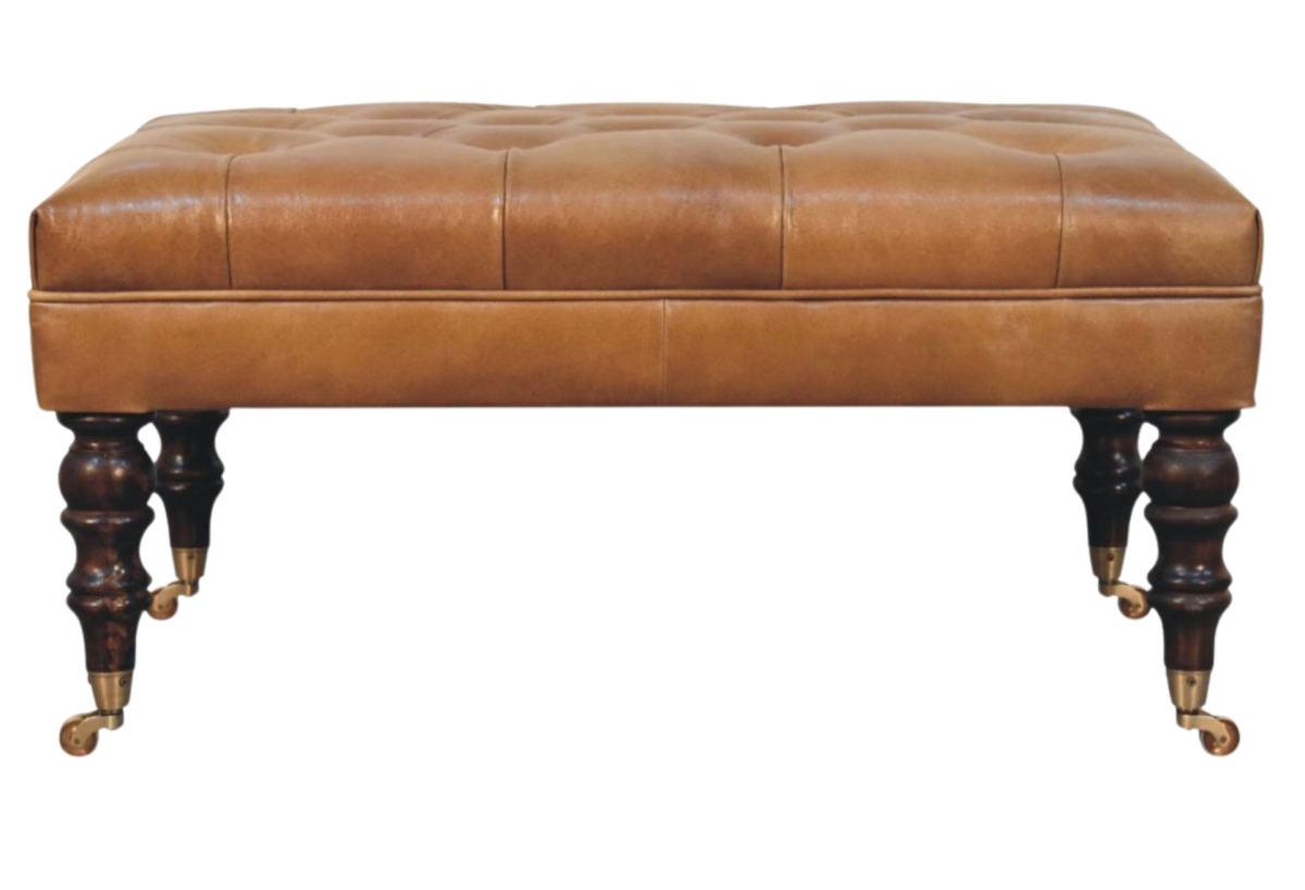 California Walnut Buffalo Tan Leather Ottoman with Castor Legs