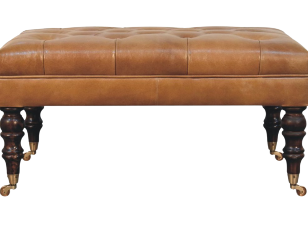 California Walnut Buffalo Tan Leather Ottoman with Castor Legs