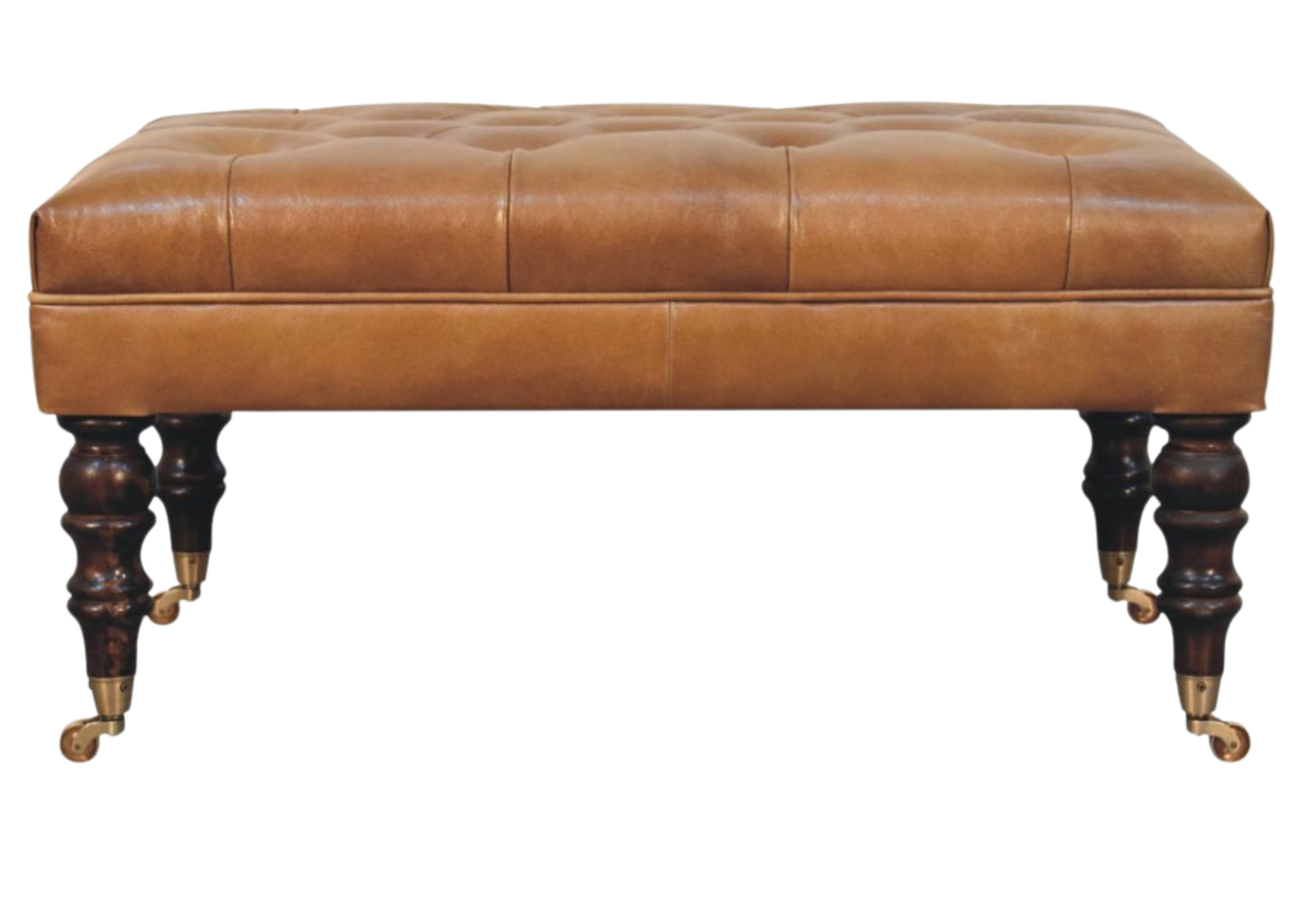 California Walnut Buffalo Tan Leather Ottoman with Castor Legs
