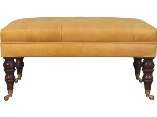 Honey Caramel Buffalo Ash Black Leather Ottoman with Castor Legs