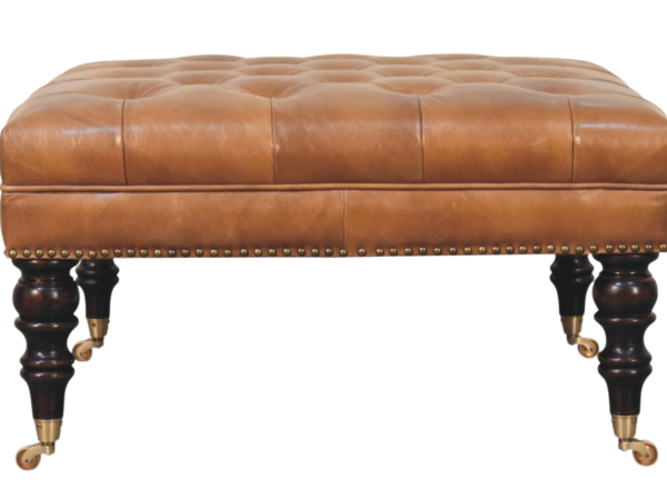 Studded Buffalo Tan Leather Ottoman with Castor Legs