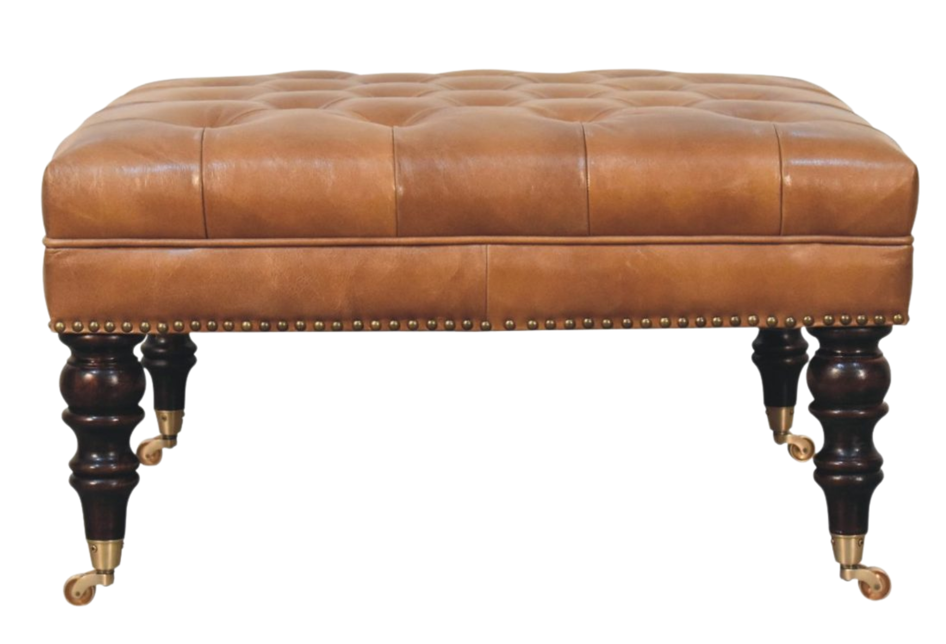 Studded Buffalo Tan Leather Ottoman with Castor Legs
