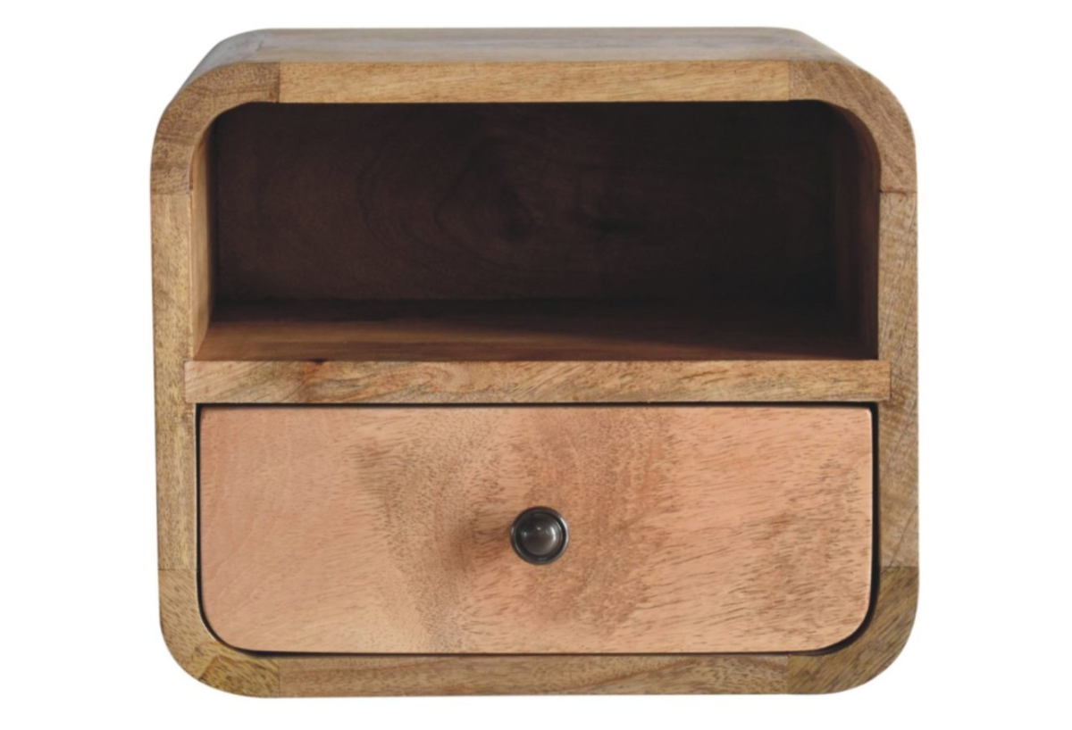 Extra Mini Wall Mounted Curved Oak-ish Bedside with Open Slot