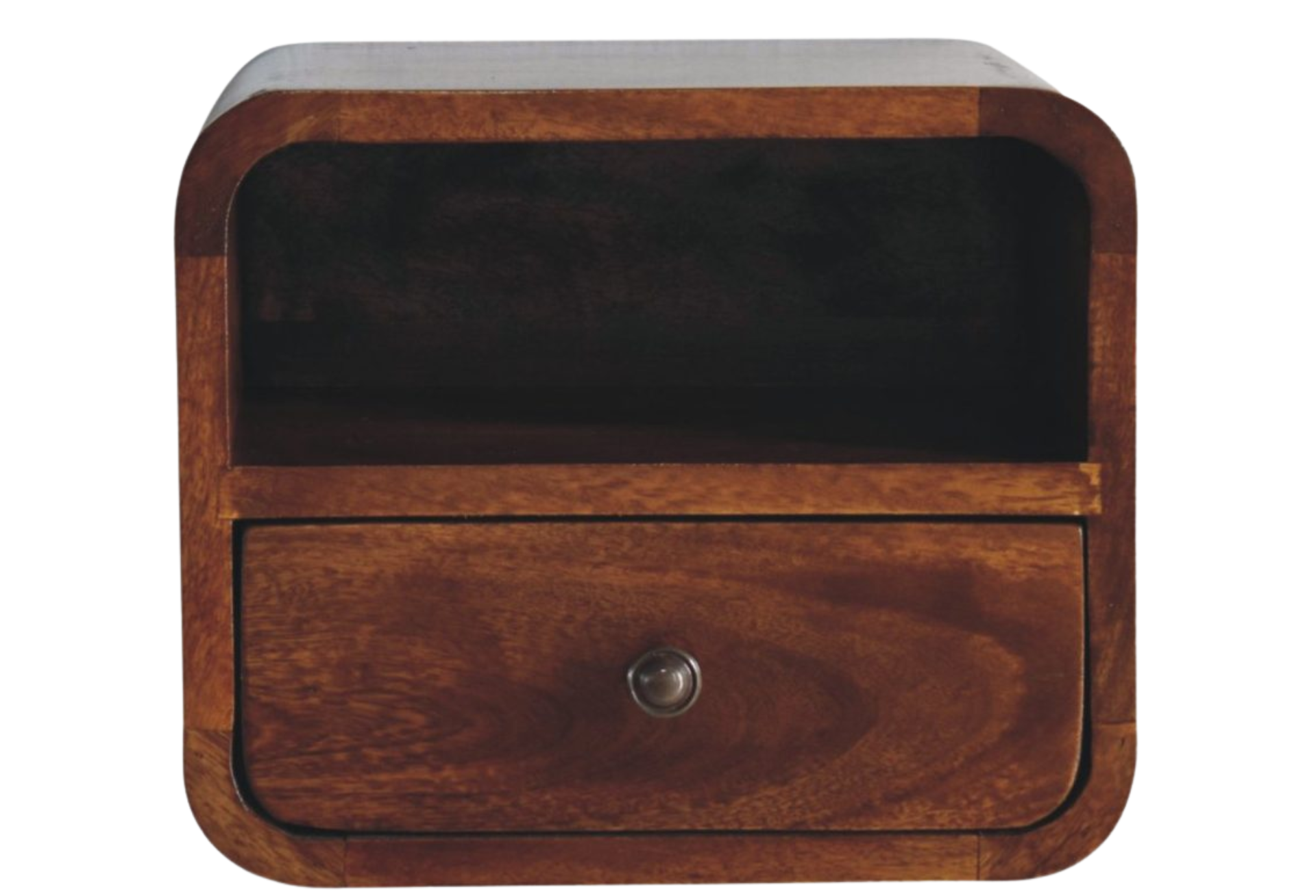 Extra Mini Wall Mounted Curved Chestnut Bedside with Open Slot