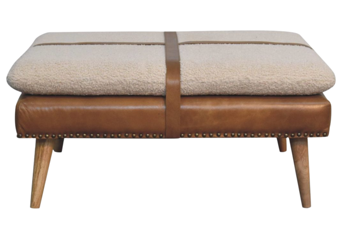 Large Square Bouclé Buffalo Hide Brown Leather Footstool