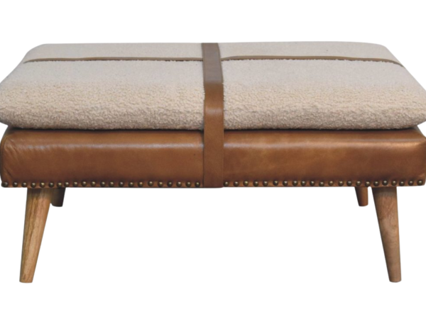 Large Square Bouclé Buffalo Hide Brown Leather Footstool
