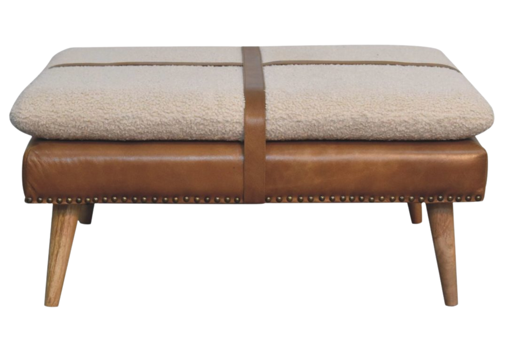 Large Square Bouclé Buffalo Hide Brown Leather Footstool