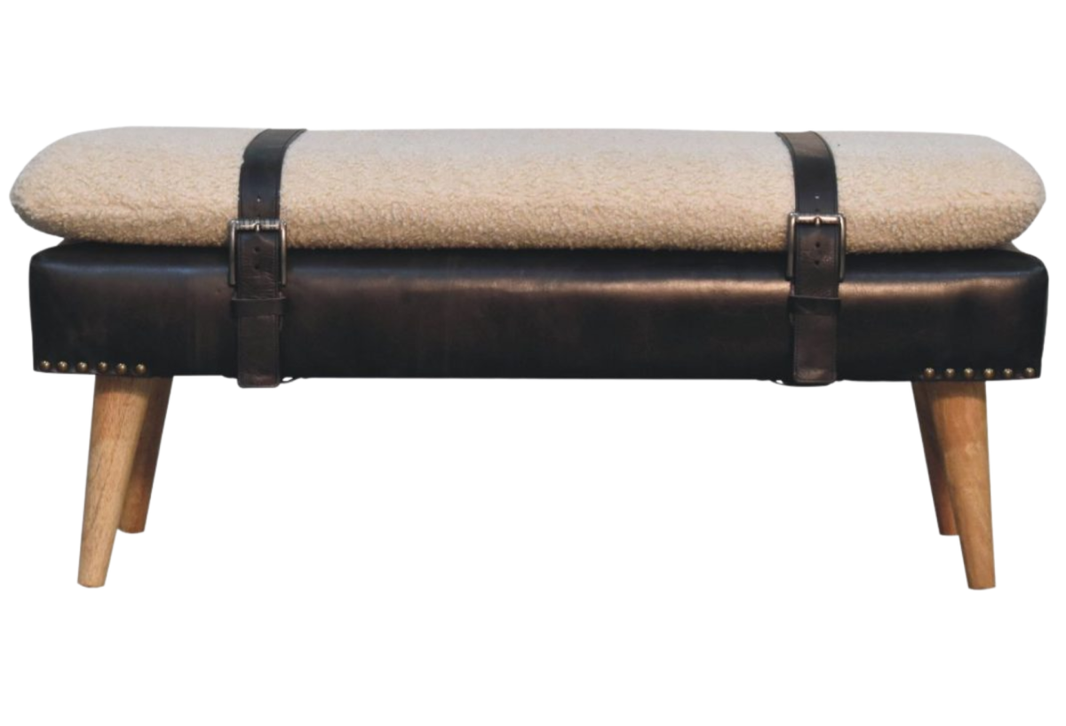 Bouclé Buffalo Hide Black Leather Bench