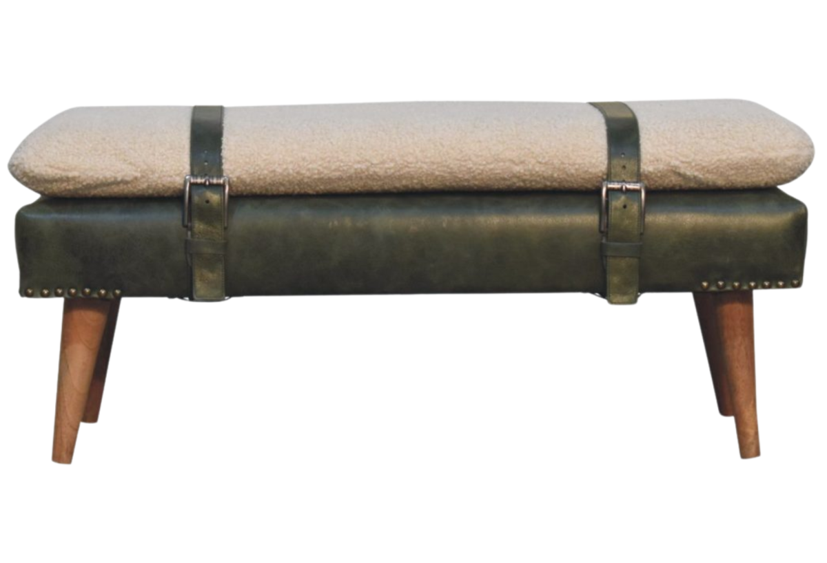 Boucl茅 Buffalo Hide Olive Green Leather Bench