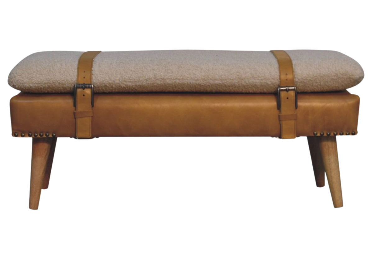 Bouclé Buffalo Hide Tan Leather Bench