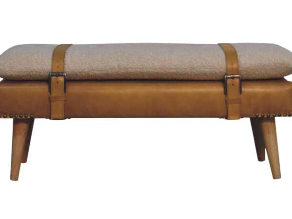 Bouclé Buffalo Hide Tan Leather Bench