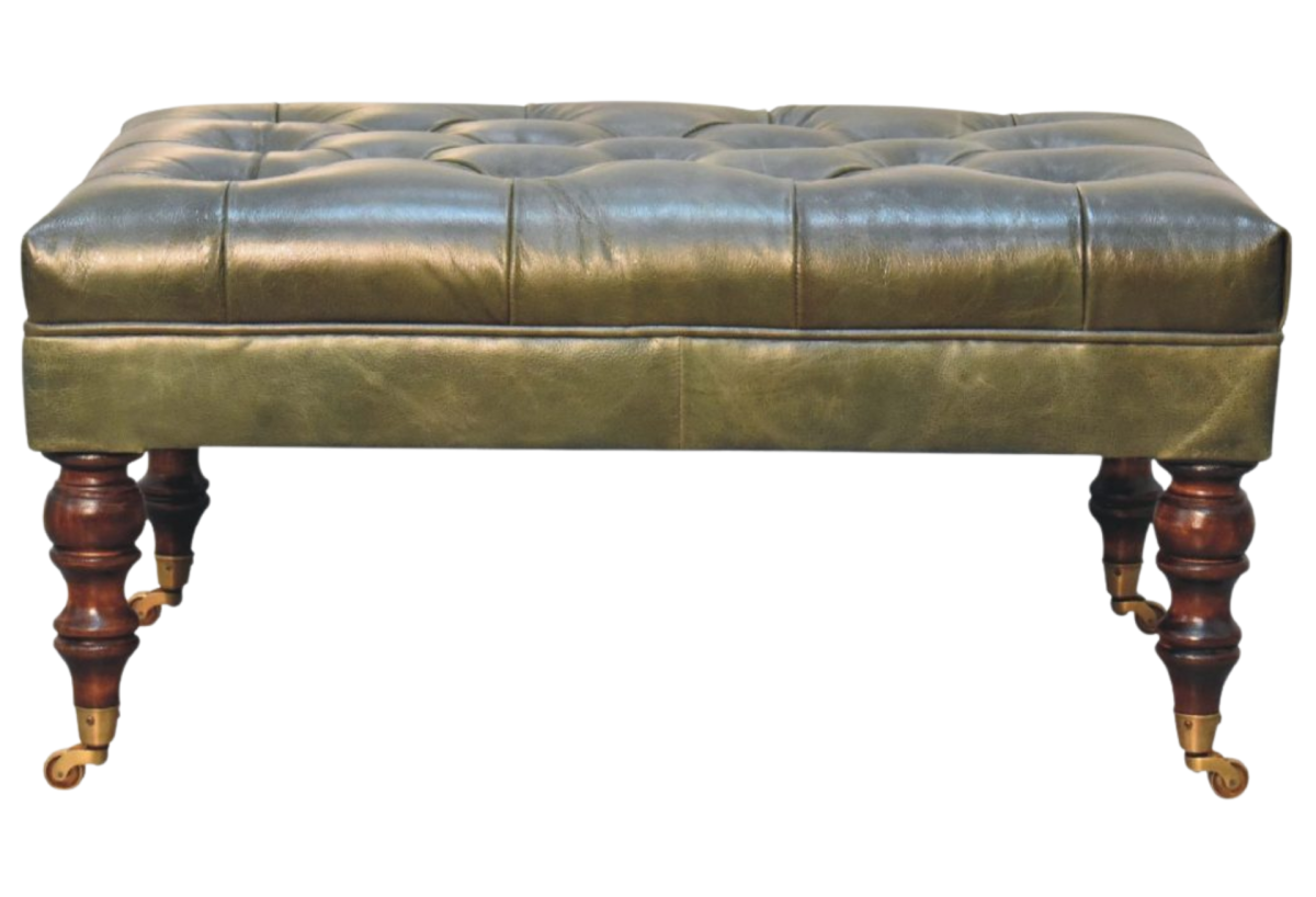 Buffalo Green Leather Ottoman with Castor Legs
