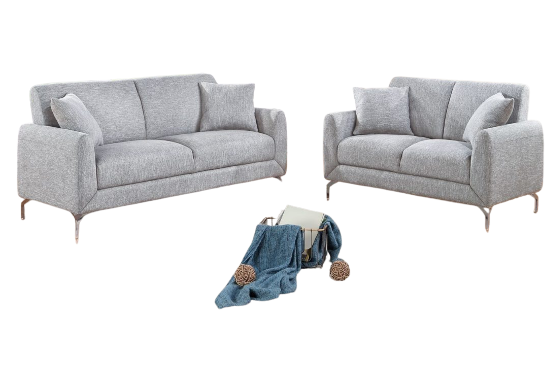 2 PCS LIGHT GREY FABRIC SOFA LOVESEAT