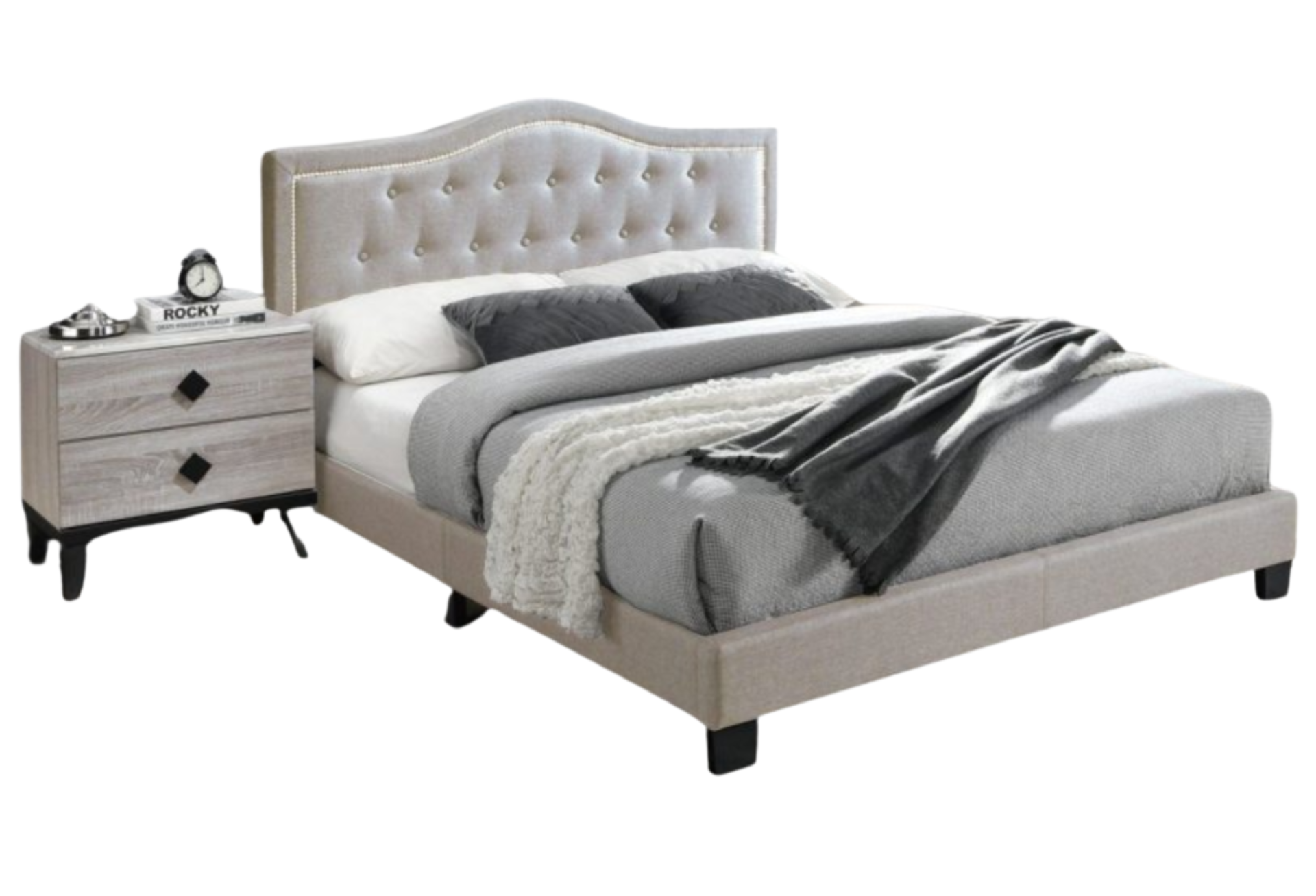 LIGHT BROWN TWIN FABRIC TUFTED HEADBOARD W/ NAILHEADS PLATFORM