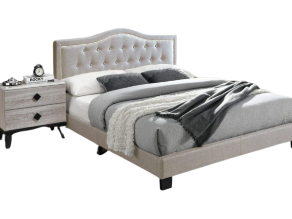 LIGHT BROWN FULL FABRIC TUFTED HEADBOARD W/ NAILHEADS PLATFORM