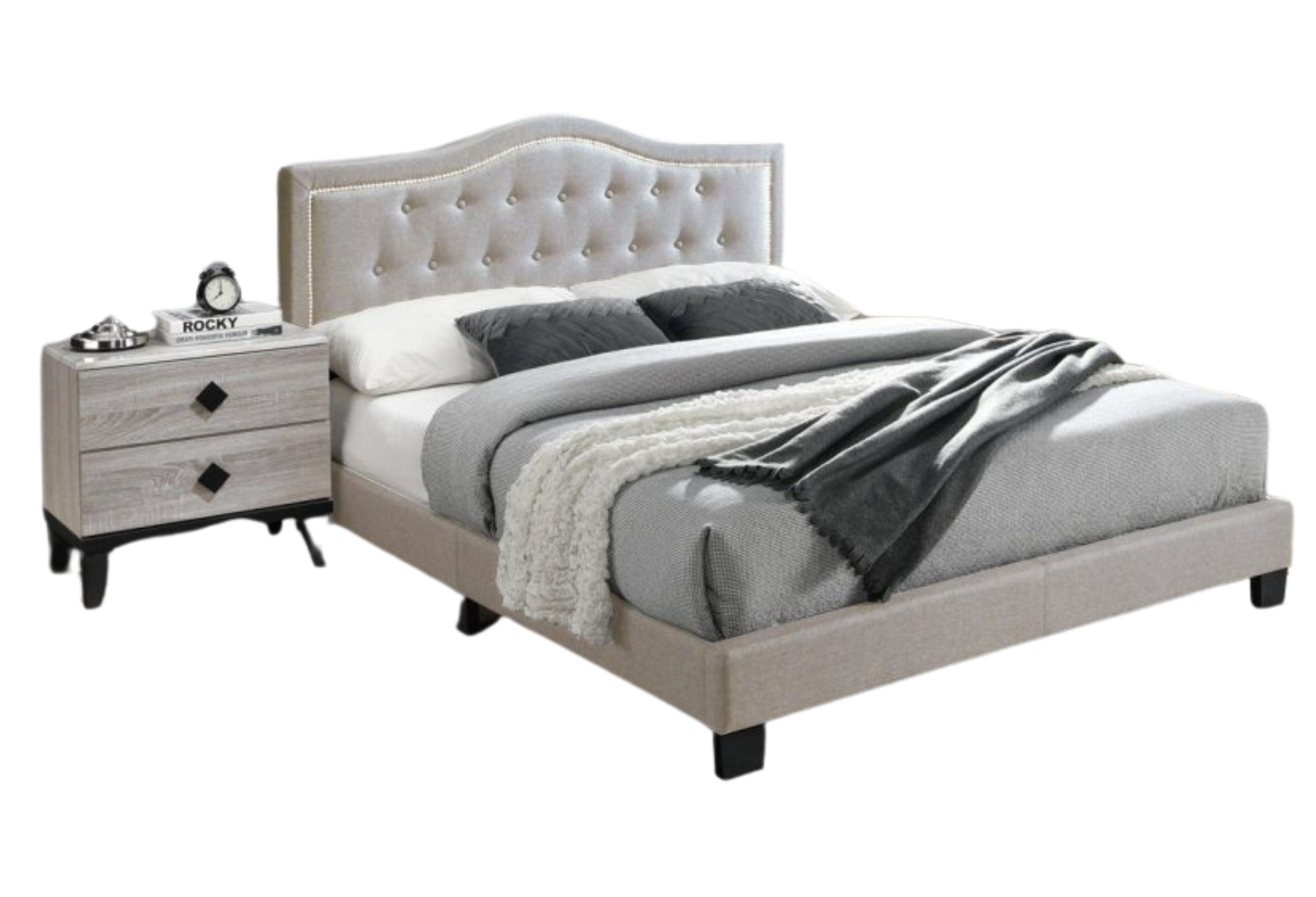 LIGHT BROWN FULL FABRIC TUFTED HEADBOARD W/ NAILHEADS PLATFORM