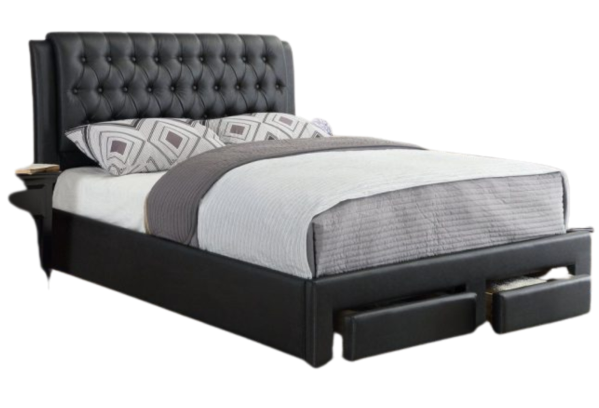 BLACK FAUX LEATHER KING PLATFORM BED W/ STORAGE DRAWERS