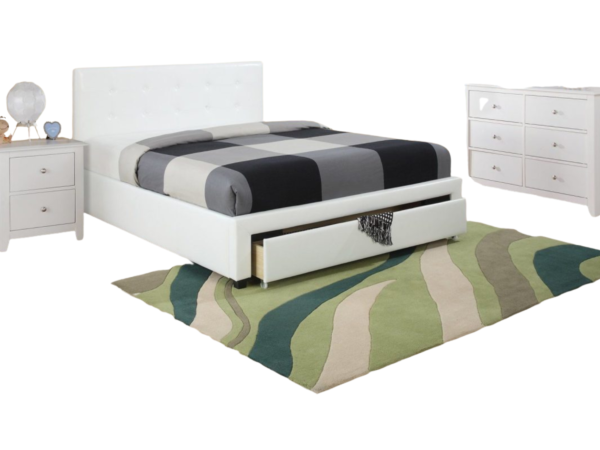 WHITE FULL LEATHER PLATFORM TUFTED HEADBOARD W DRAWERS