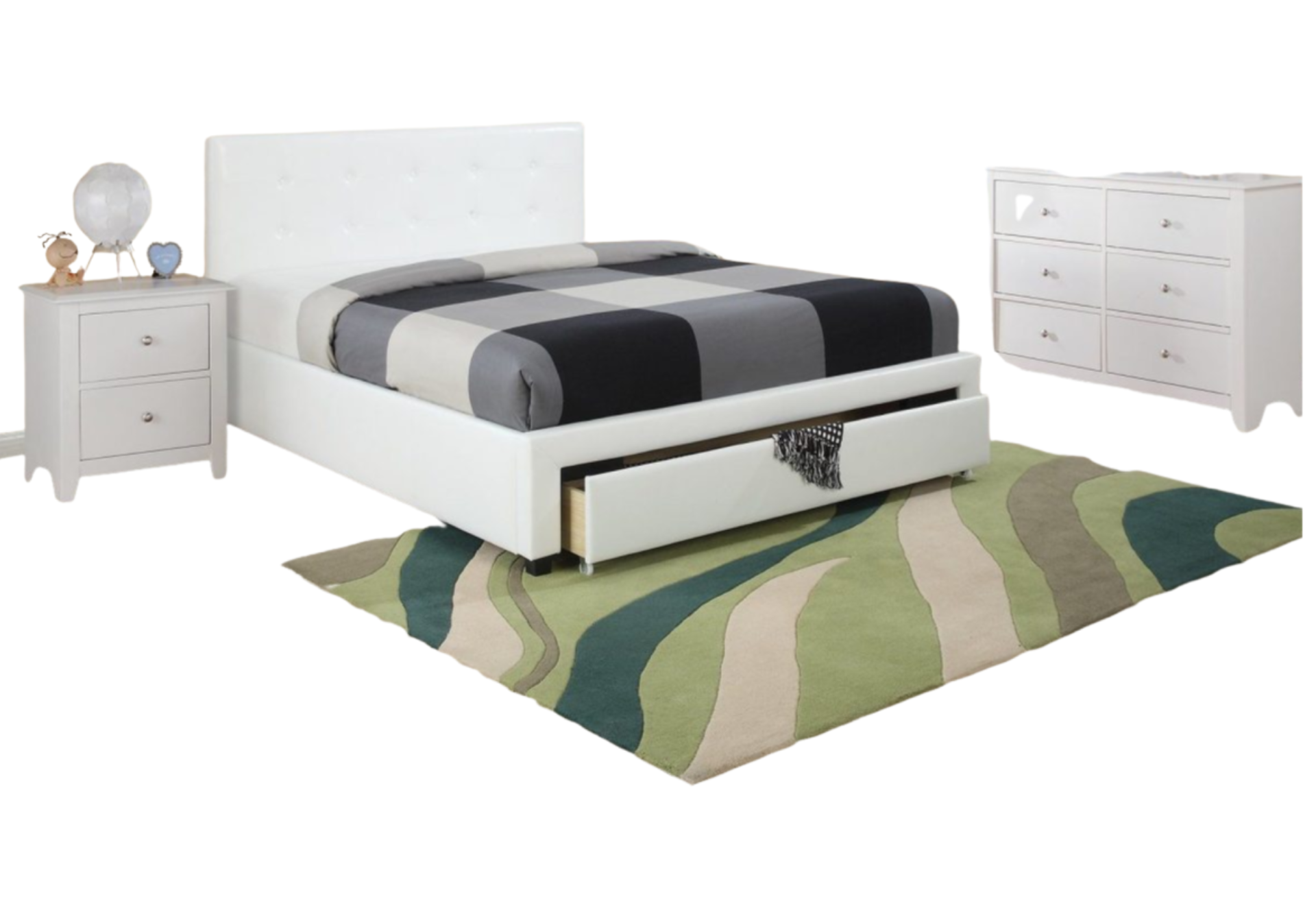 WHITE FULL LEATHER PLATFORM TUFTED HEADBOARD W DRAWERS