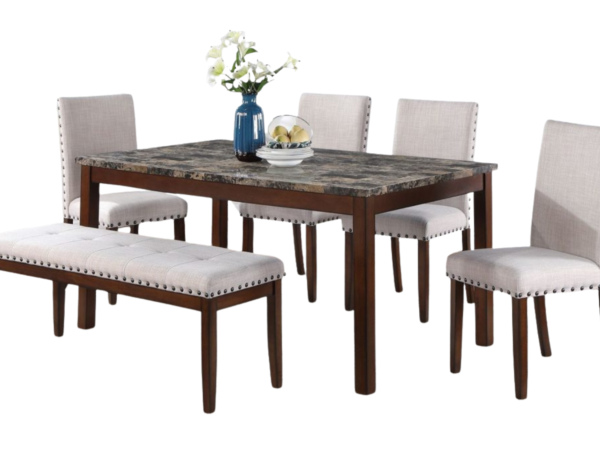 6 PCS FAUX MARBLE TOP DINING SET 4 POLYFIBER BEIGE CHAIRS + 1 TABLE + 1 BENCH