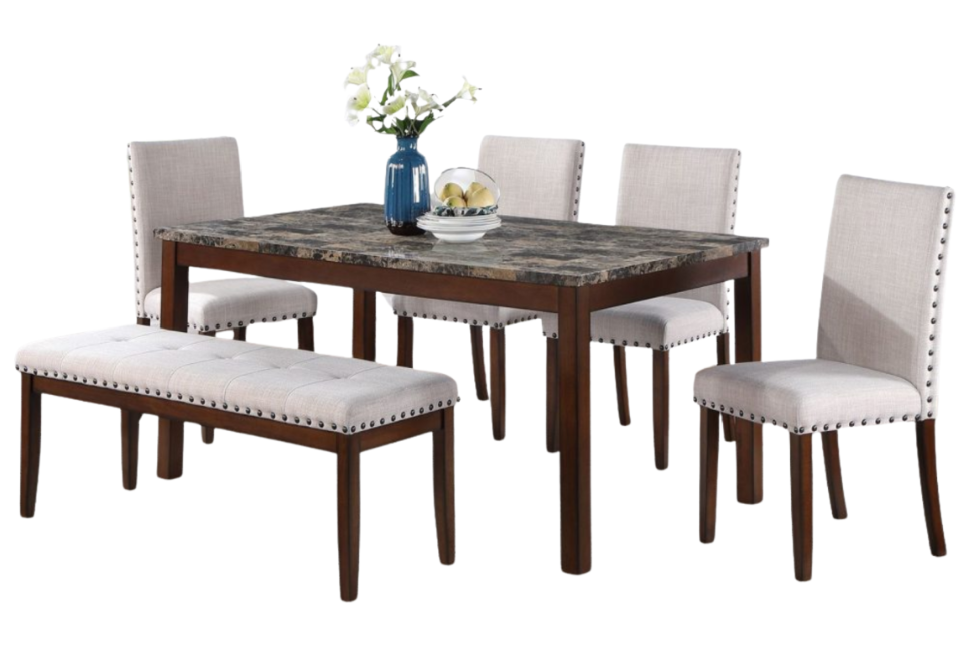6 PCS FAUX MARBLE TOP DINING SET 4 POLYFIBER BEIGE CHAIRS + 1 TABLE + 1 BENCH