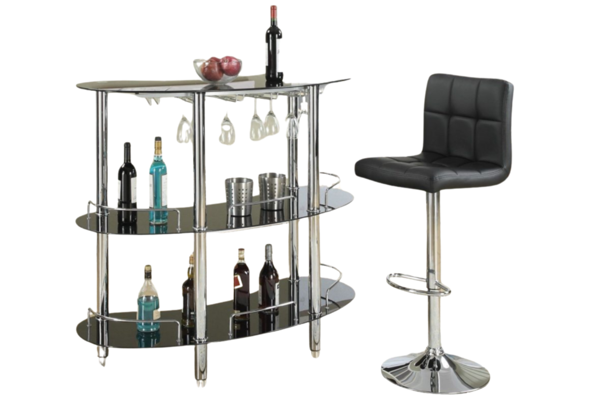 BLACK GLASS BAR W/ GLASS RACK