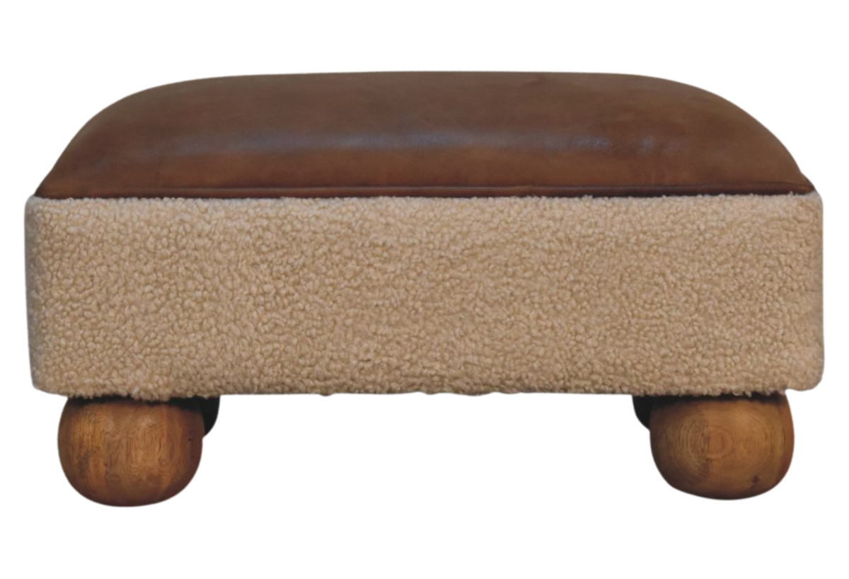 Vintage Leather Boucle Ball Footstool