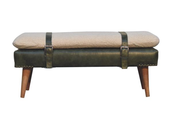 Boucl茅 Buffalo Hide Olive Green Leather Bench