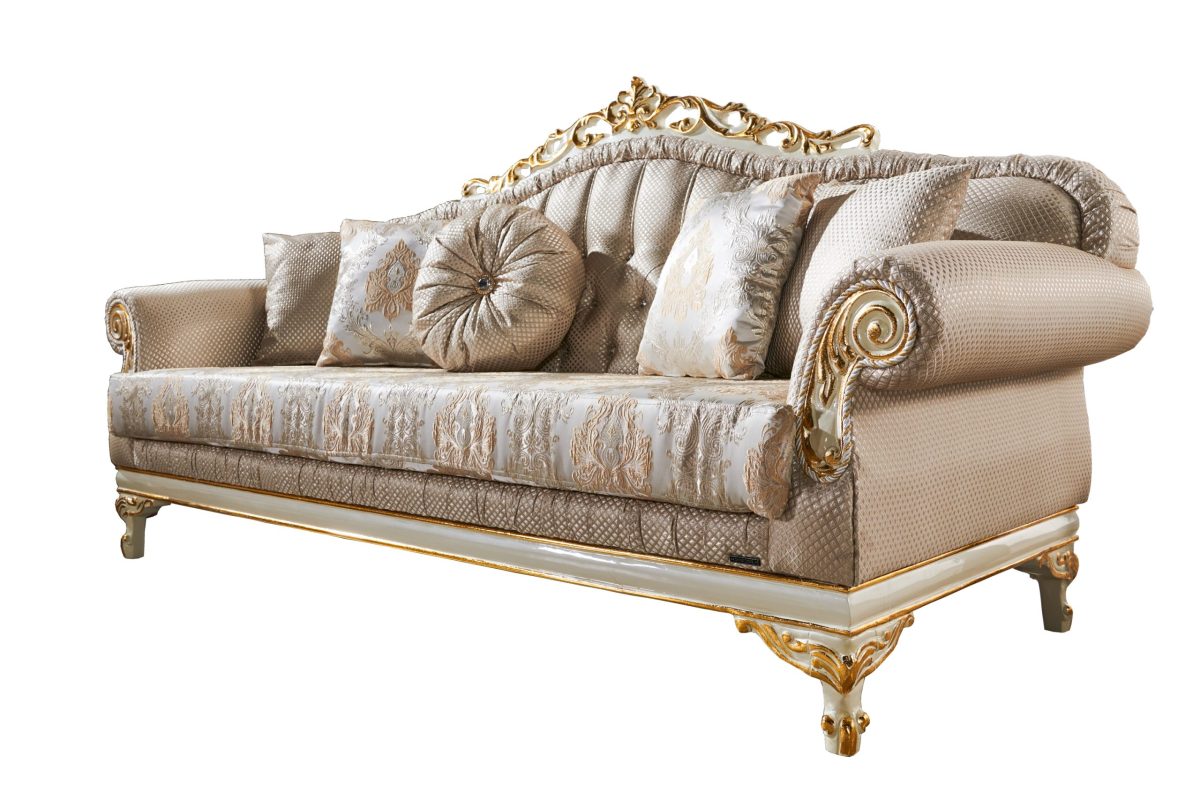 Kardelen Traditional Stationary Sofa - Cream - 3 Seat Sofa