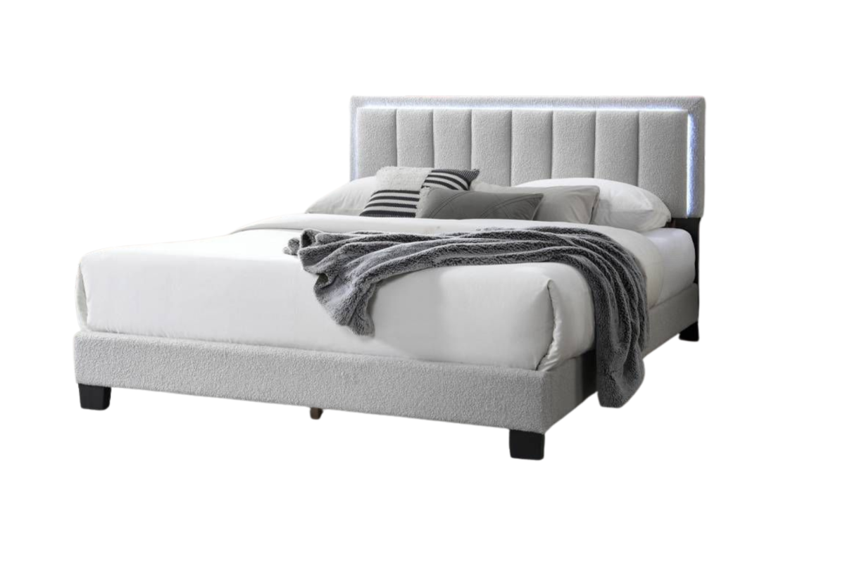 QUEEN BED – LIGHT GRAY WOOL FABRIC WITH BUILT IN LED LIGHTS