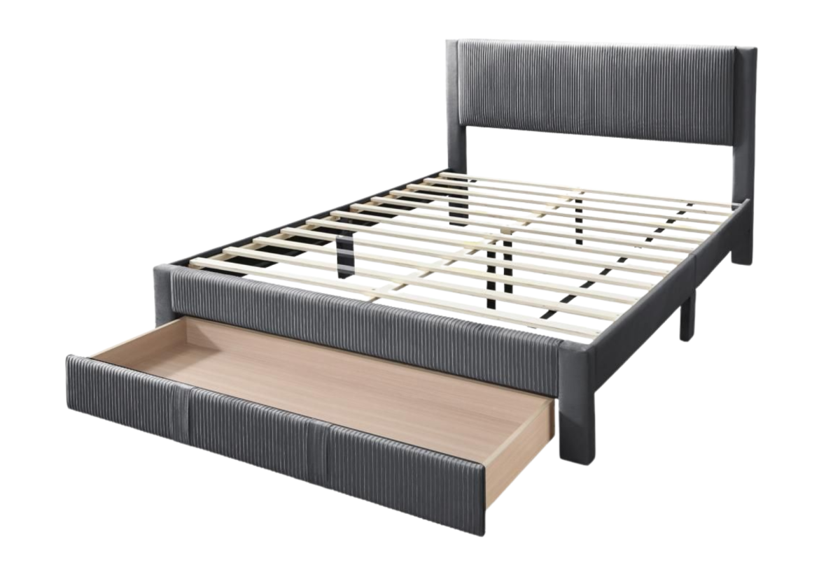 QUEEN BED – DARK GRAY CORDUROY W UNDER DRAWER