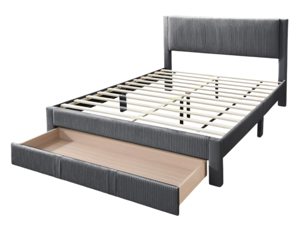 QUEEN BED – DARK GRAY CORDUROY W UNDER DRAWER
