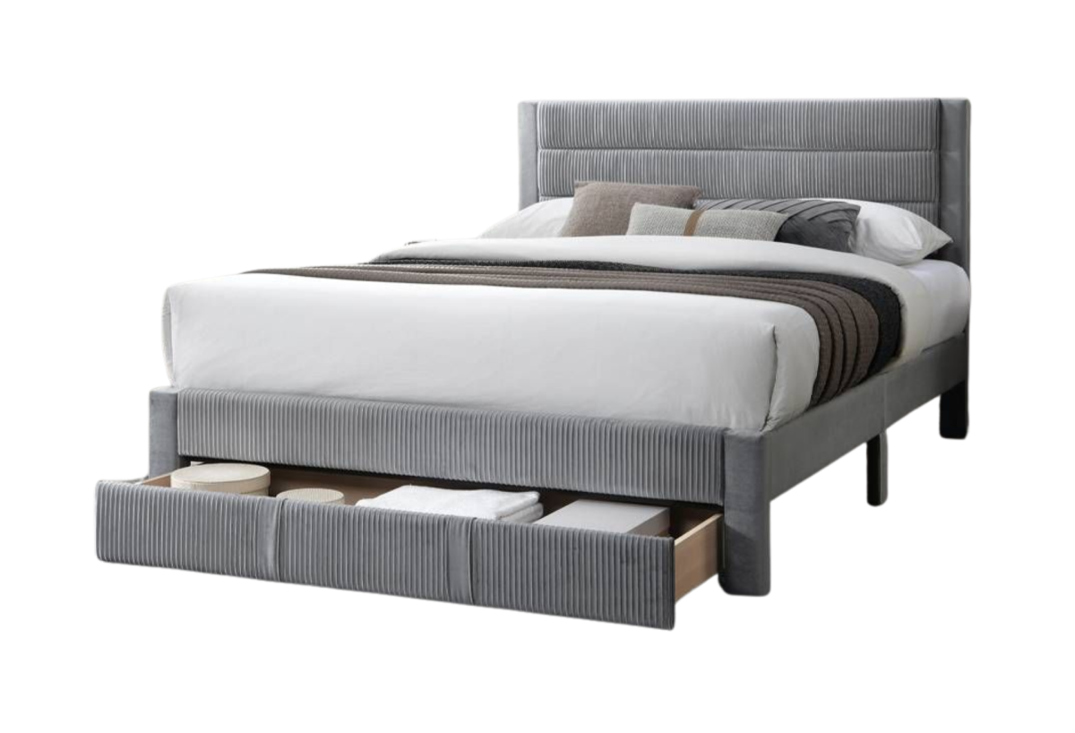 QUEEN BED – LIGHT GRAY CORDUROY W UNDER DRAWER
