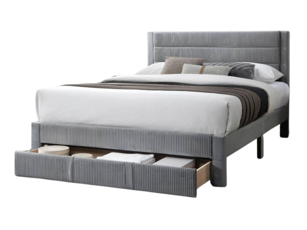 QUEEN BED – LIGHT GRAY CORDUROY W UNDER DRAWER