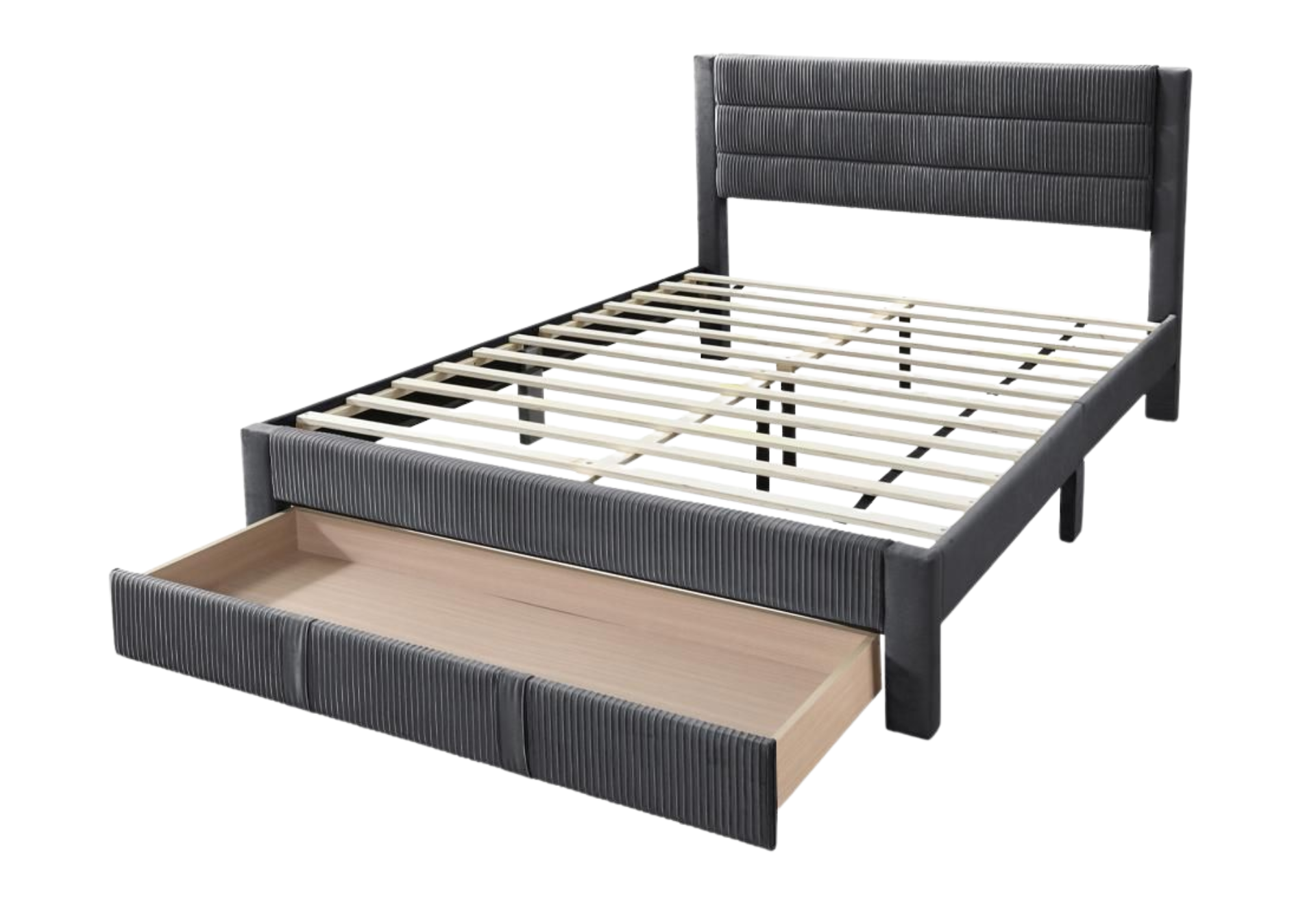 QUEEN BED – CHARCOAL CORDUROY W/ UNDER DRAWER