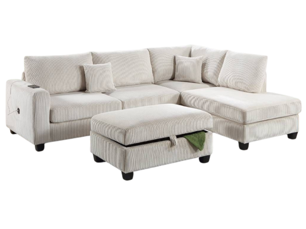 3PC SECTIONAL w/ STORAGE OTTOMAN – IVORY