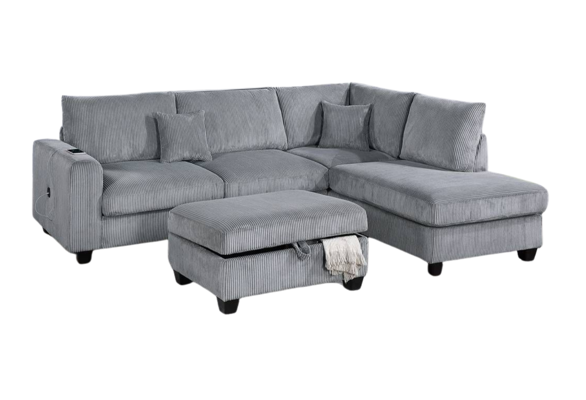 3PC SECTIONAL w/ STORAGE OTTOMAN – FOG