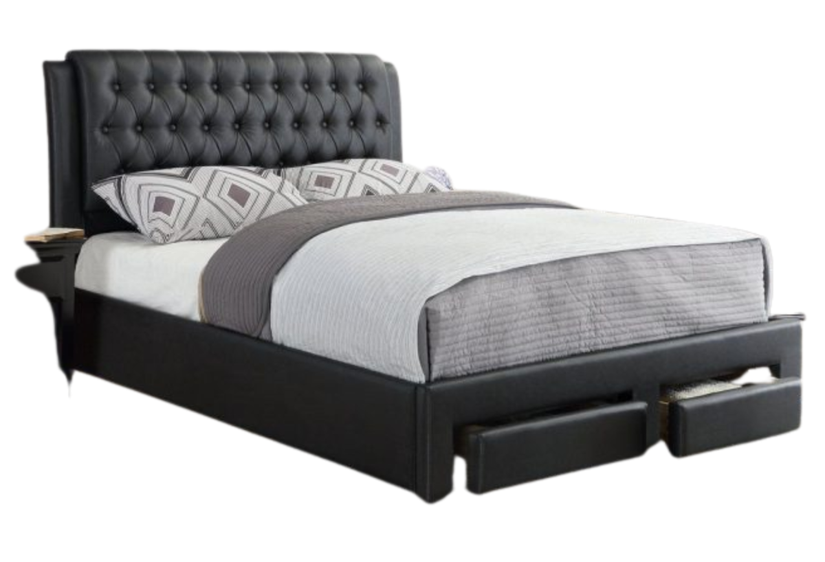 BLACK FAUX LEATHER QUEEN PLATFORM BED W STORAGE DRAWERS