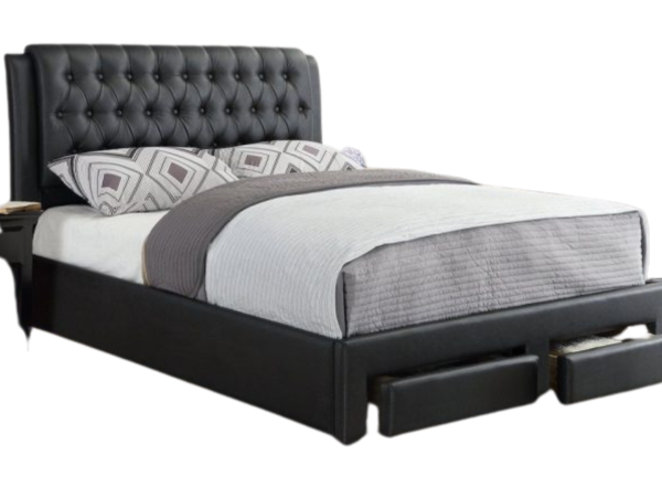 BLACK FAUX LEATHER QUEEN PLATFORM BED W STORAGE DRAWERS