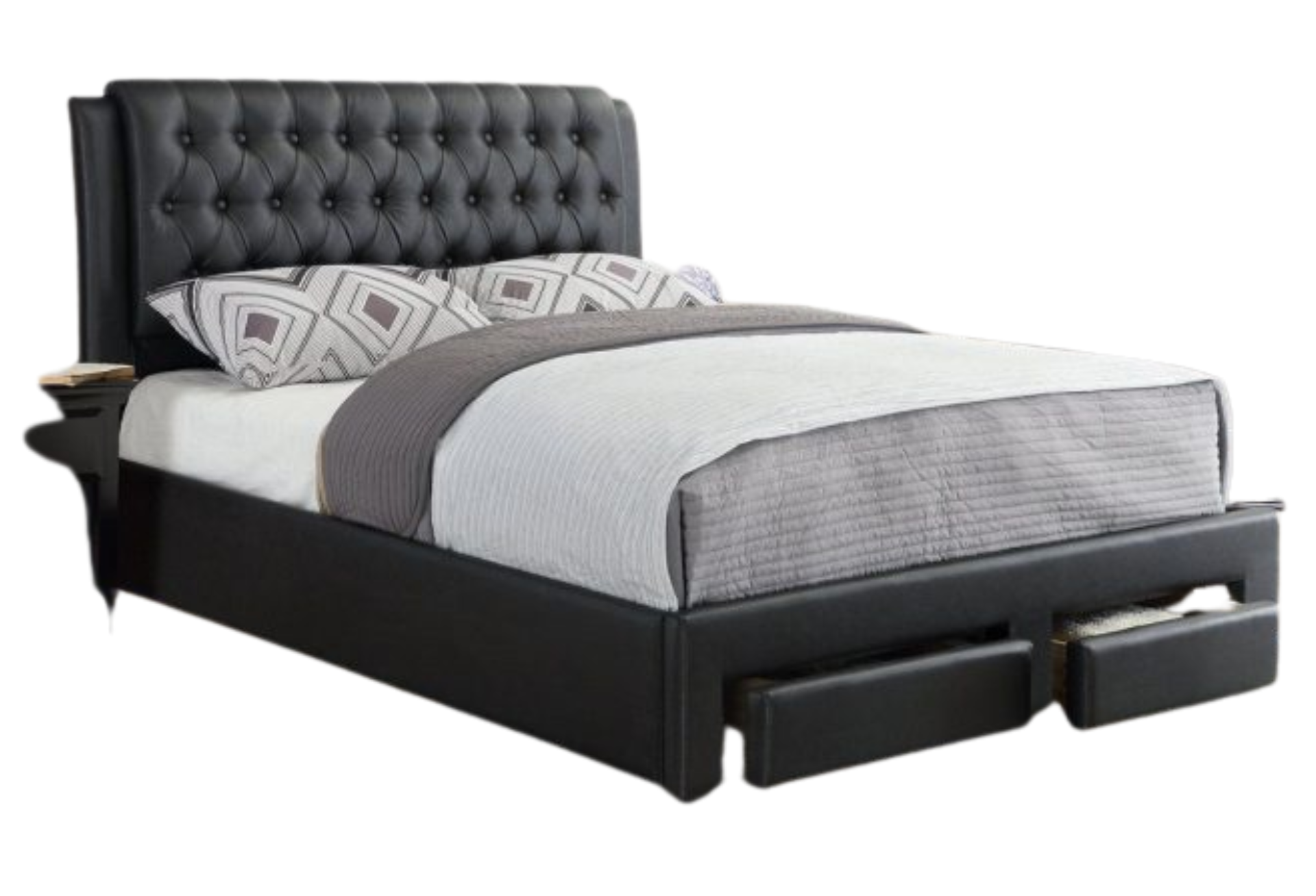 BLACK FAUX LEATHER QUEEN PLATFORM BED W STORAGE DRAWERS