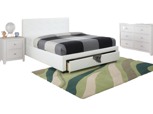 WHITE QUEEN LEATHER PLATFORM TUFTED HEADBOARD W/ DRAWERS
