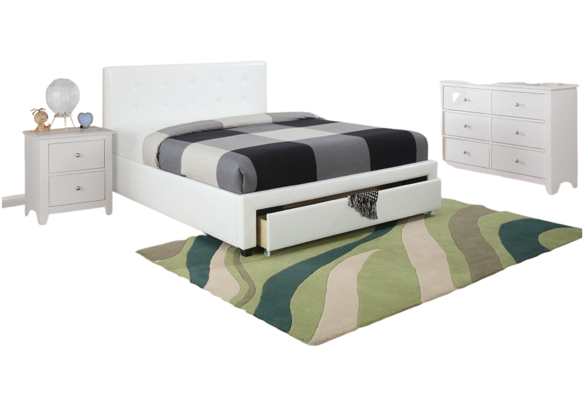 WHITE QUEEN LEATHER PLATFORM TUFTED HEADBOARD W/ DRAWERS