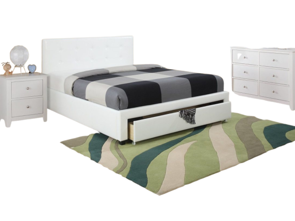 WHITE FULL LEATHER PLATFORM TUFTED HEADBOARD W/ DRAWERS