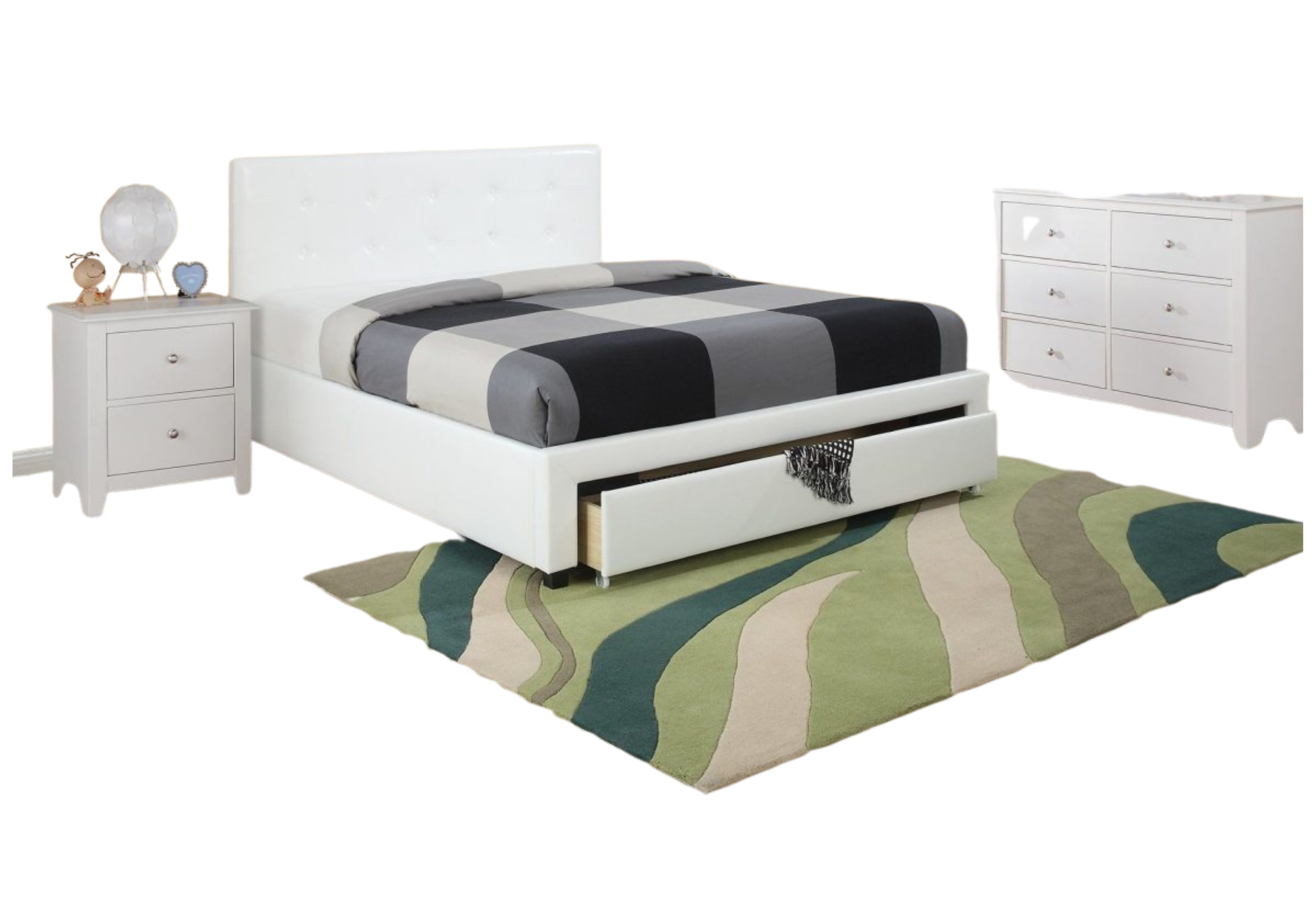 WHITE FULL LEATHER PLATFORM TUFTED HEADBOARD W/ DRAWERS