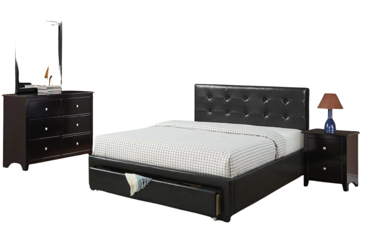 BLACK FULL LEATHER PLATFORM TUFTED HEADBOARD W/ DRAWERS