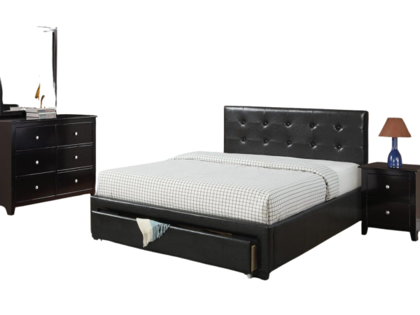 BLACK FULL LEATHER PLATFORM TUFTED HEADBOARD W/ DRAWERS
