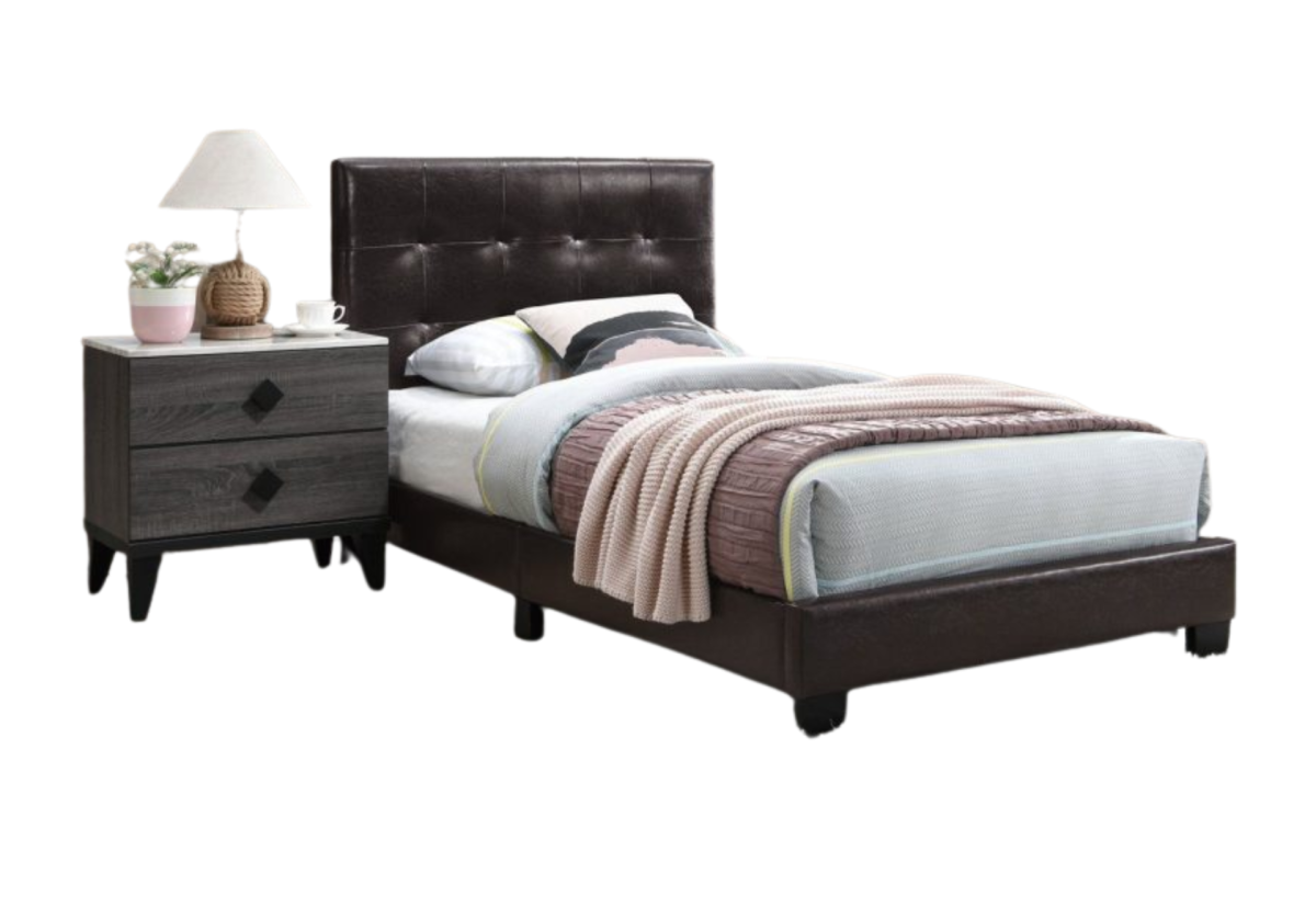 BROWN QUEEN LEATHER TUFTED HEADBOARD PATFORM