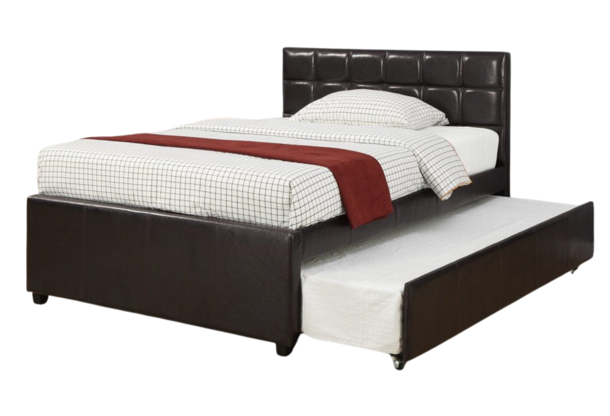 ESPRESSO FAUX LEATHER TWIN BED W TWIN TRUNDLE