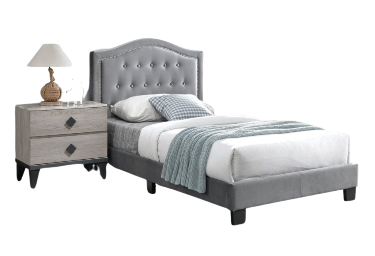 GREY FULL VELVET TUFTED HEADBOARD W/ NAILHEADS PLATFORM